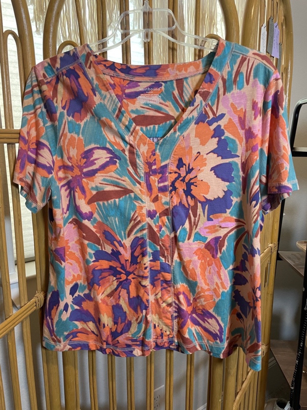 Westbound Floral V‑Neck Short Sleeve Top in Teal, Coral & Purple